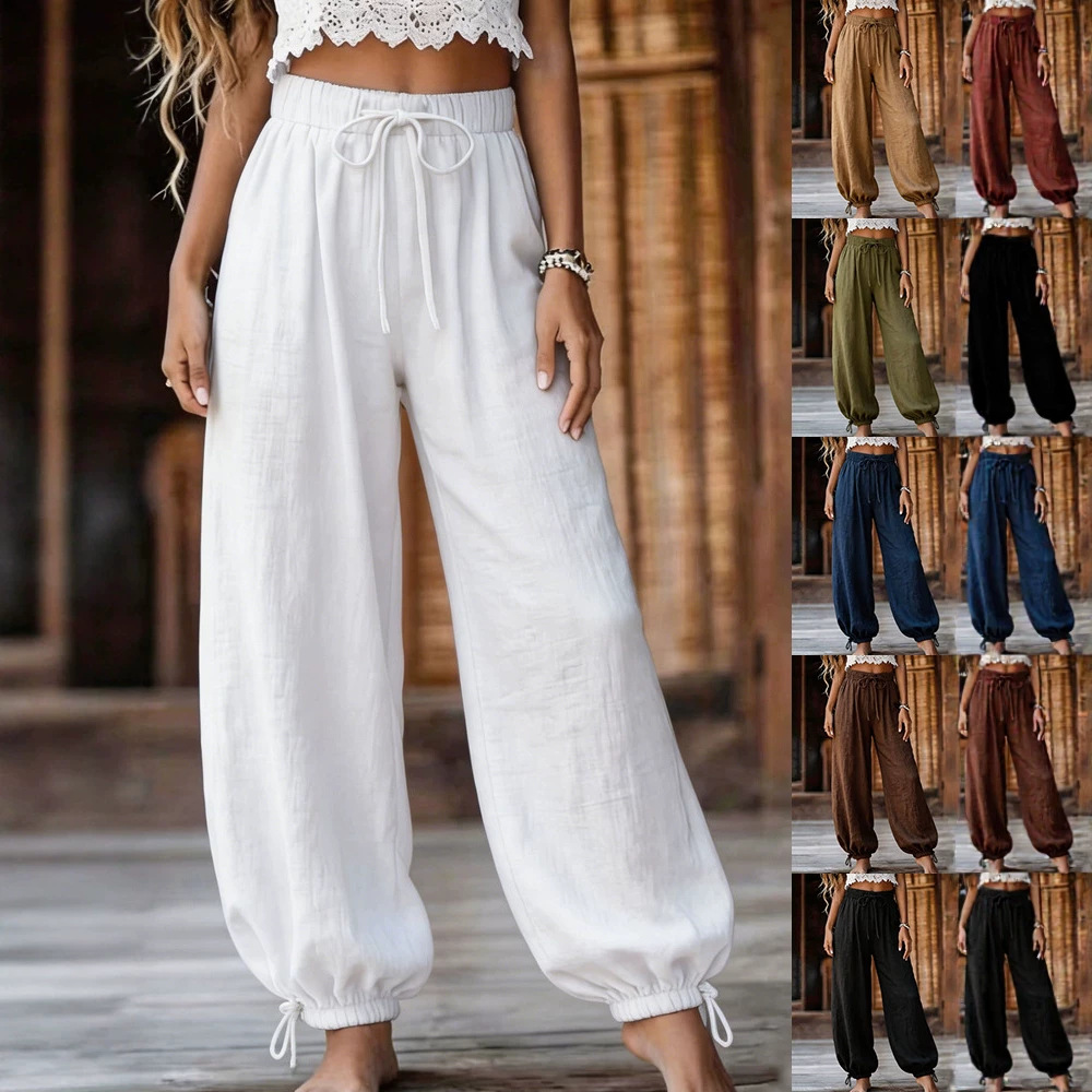 Women's Summer Lightweight Loose Straight-Leg Pants Solid Color High-Waist