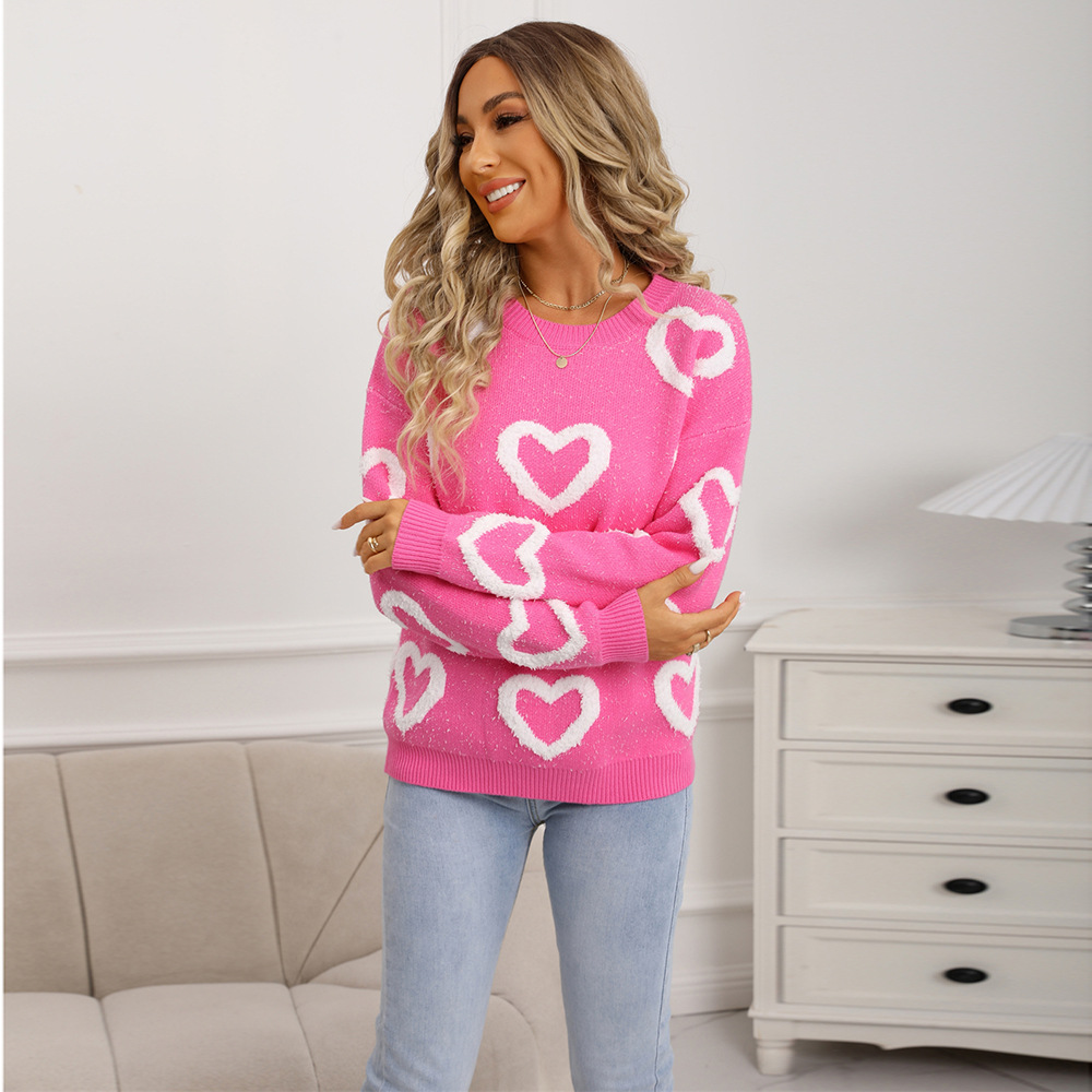Women's Loose Crewneck Heart Colorblock Pullover Sweater