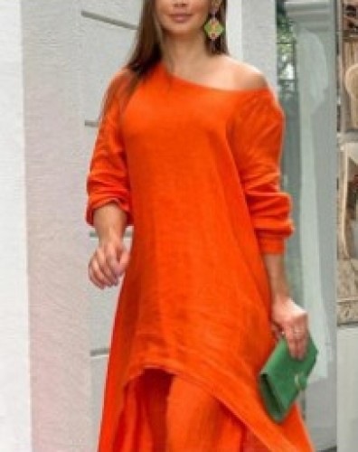 Women's Cotton-Linen Irregular Long-Sleeve Wide-Leg Two-Piece Set