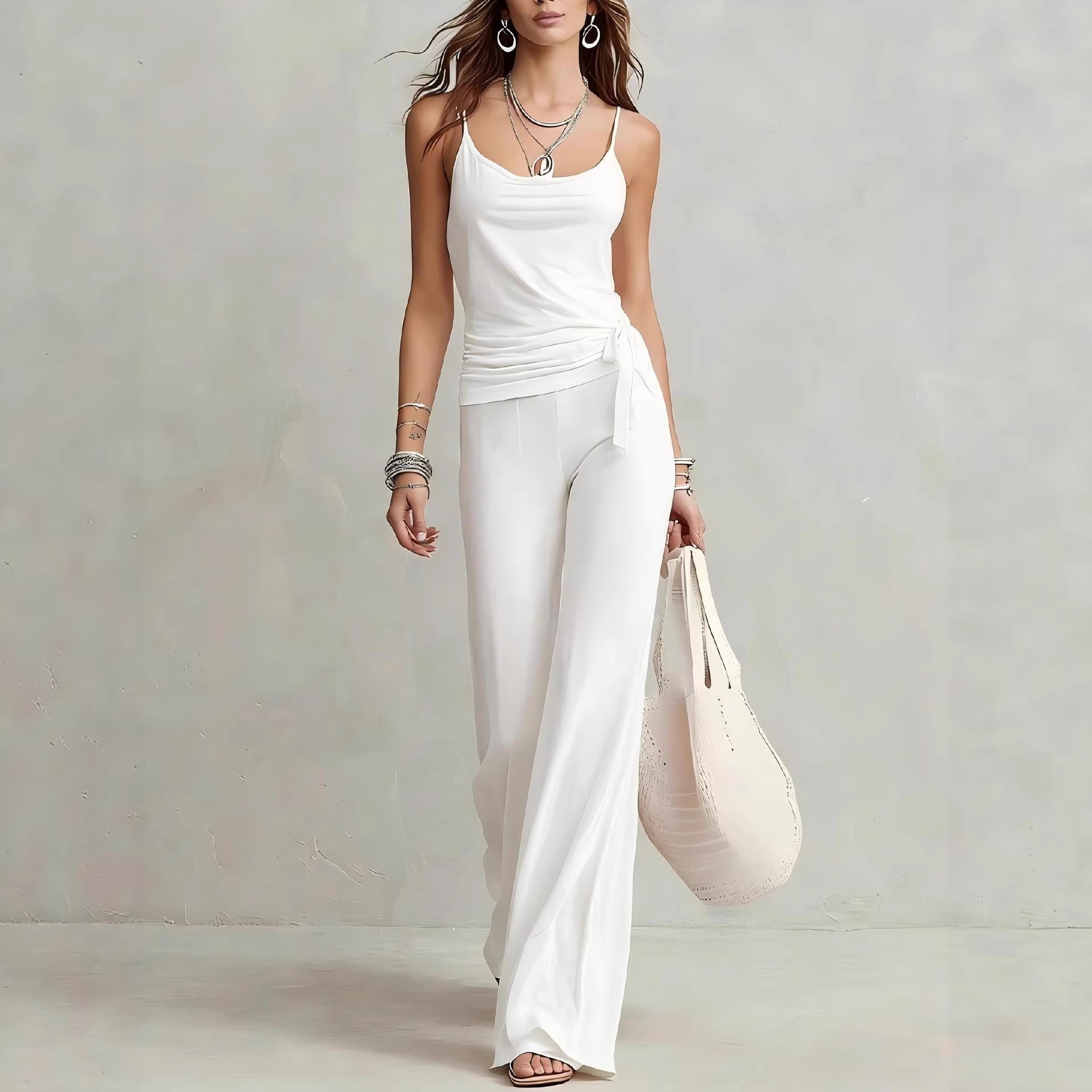 Solid Color Sleeveless Cami Top and High-Waist Wide-Leg Pants Set