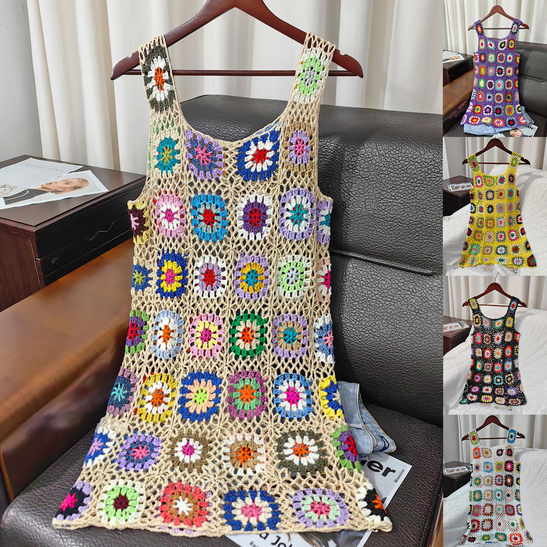 Bohemian Hand-Crocheted Hollow Out Cami Dress Sexy Diamond Grid Vest Dress