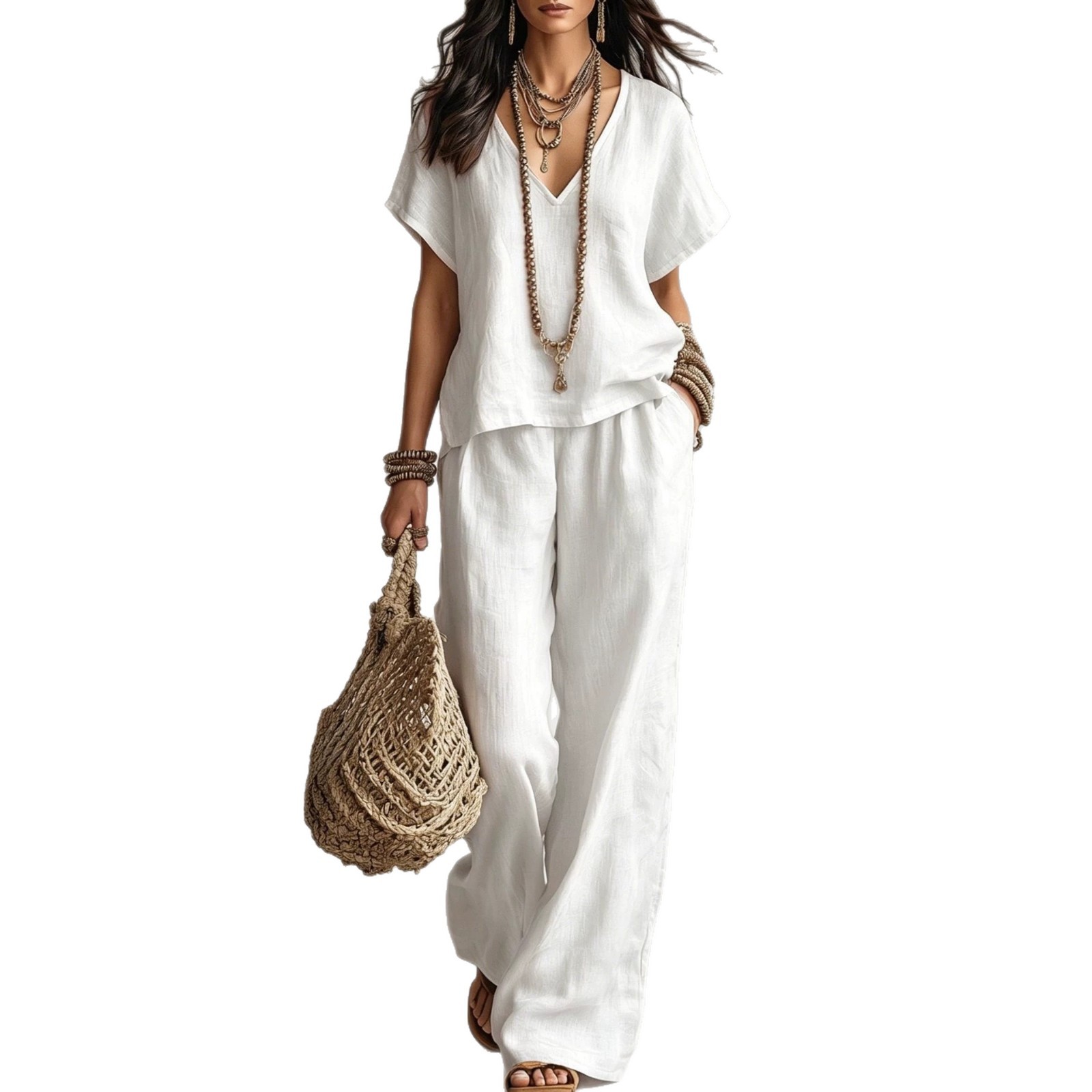 Women's Casual Solid V-Neck Short Sleeve Top & Pants Two-Piece Set