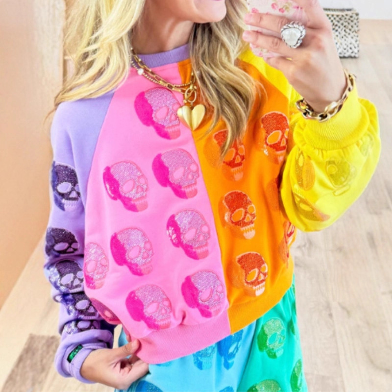 Women's Colorblock Halloween Skull Soldier Print Crewneck Sweatshirt