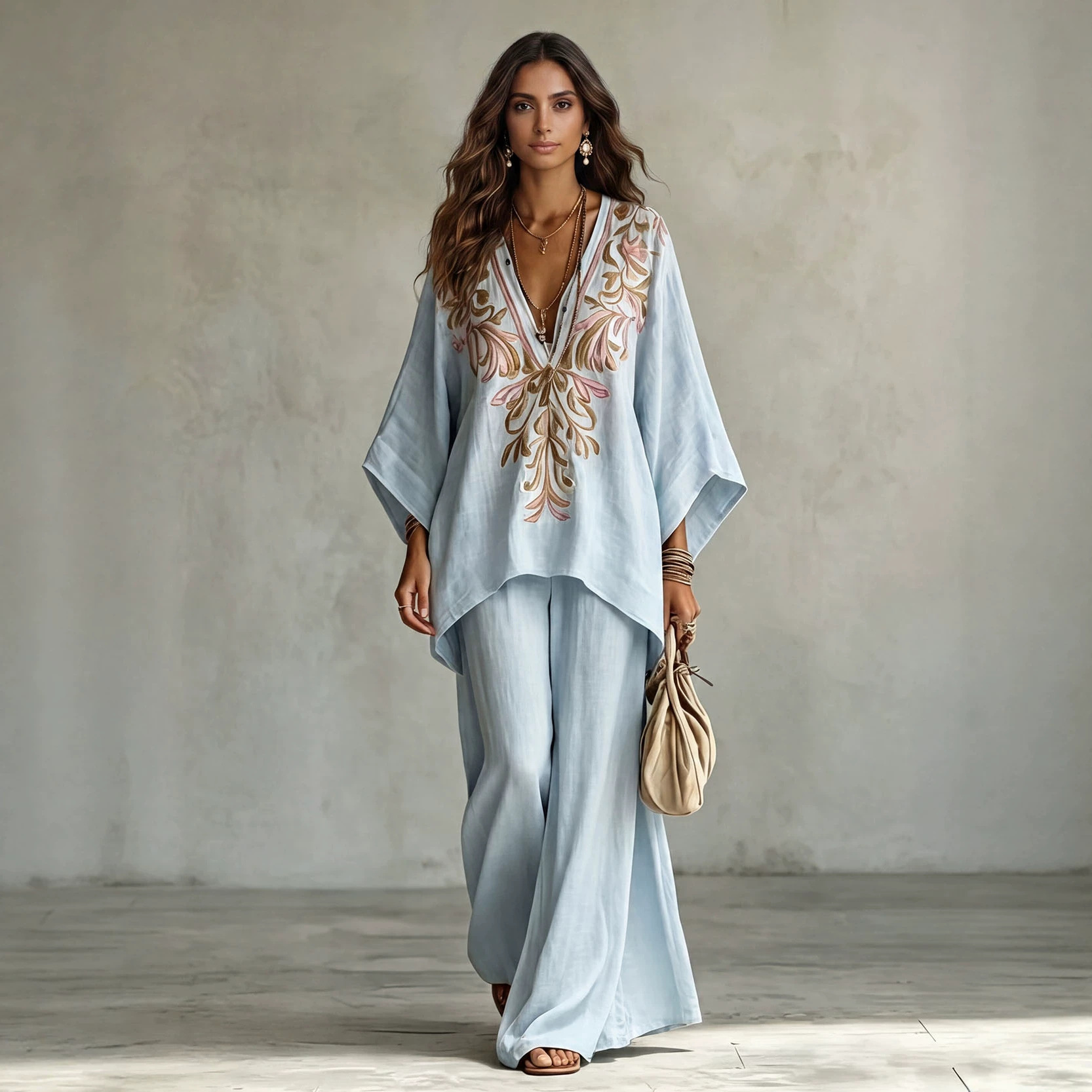 Printed Round Neck Top and Wide-Leg Pants Casual Two-Piece Set