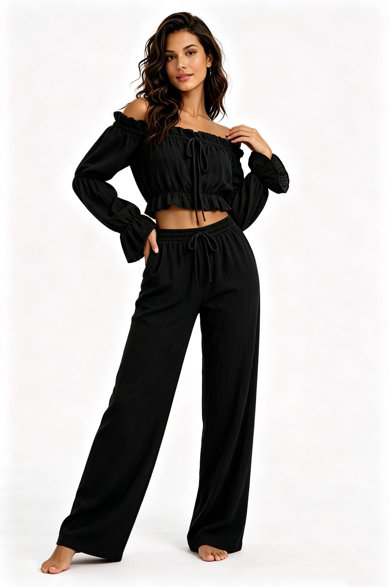 Off-Shoulder Crop Top and Wide-Leg Pants Set