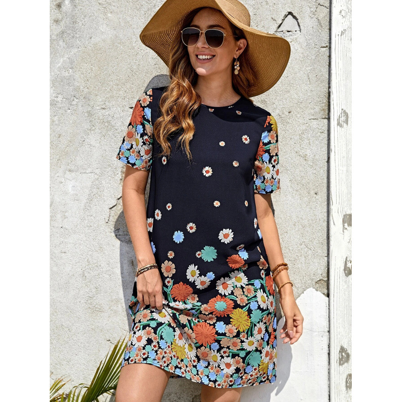 Women's Summer Short Sleeve Printed Round Neck Dress