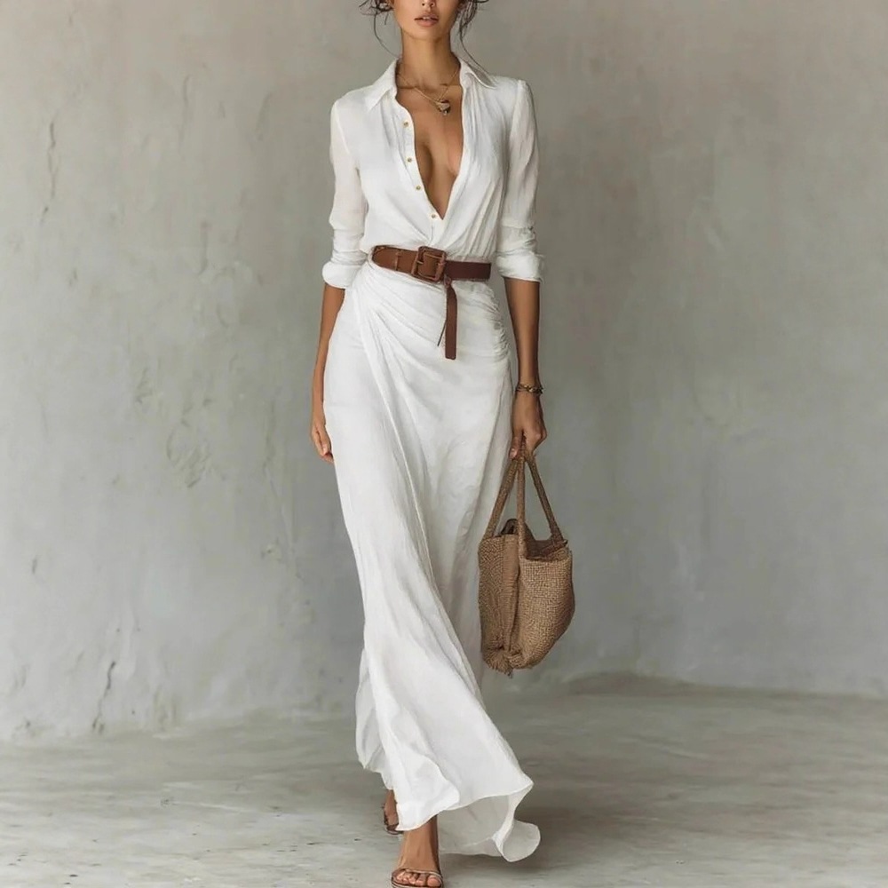 Elegant Solid Color Asymmetric Pleated Dress with Belt
