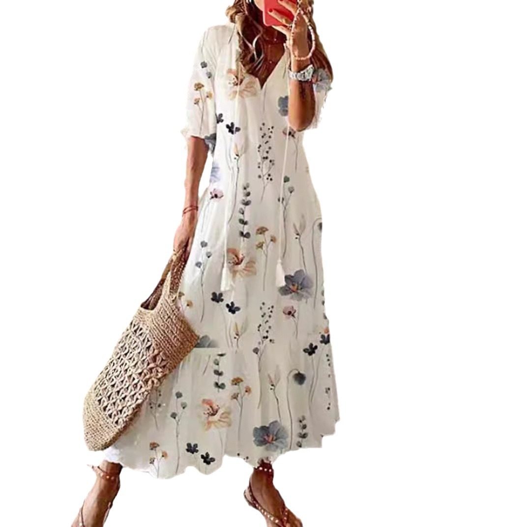 V-Neck Floral Print Midi Sleeve Long Dress with Tassels