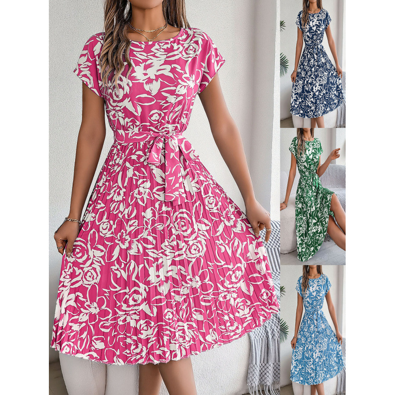 Women's Floral Tie-Waist Pleated Short-Sleeve Dress