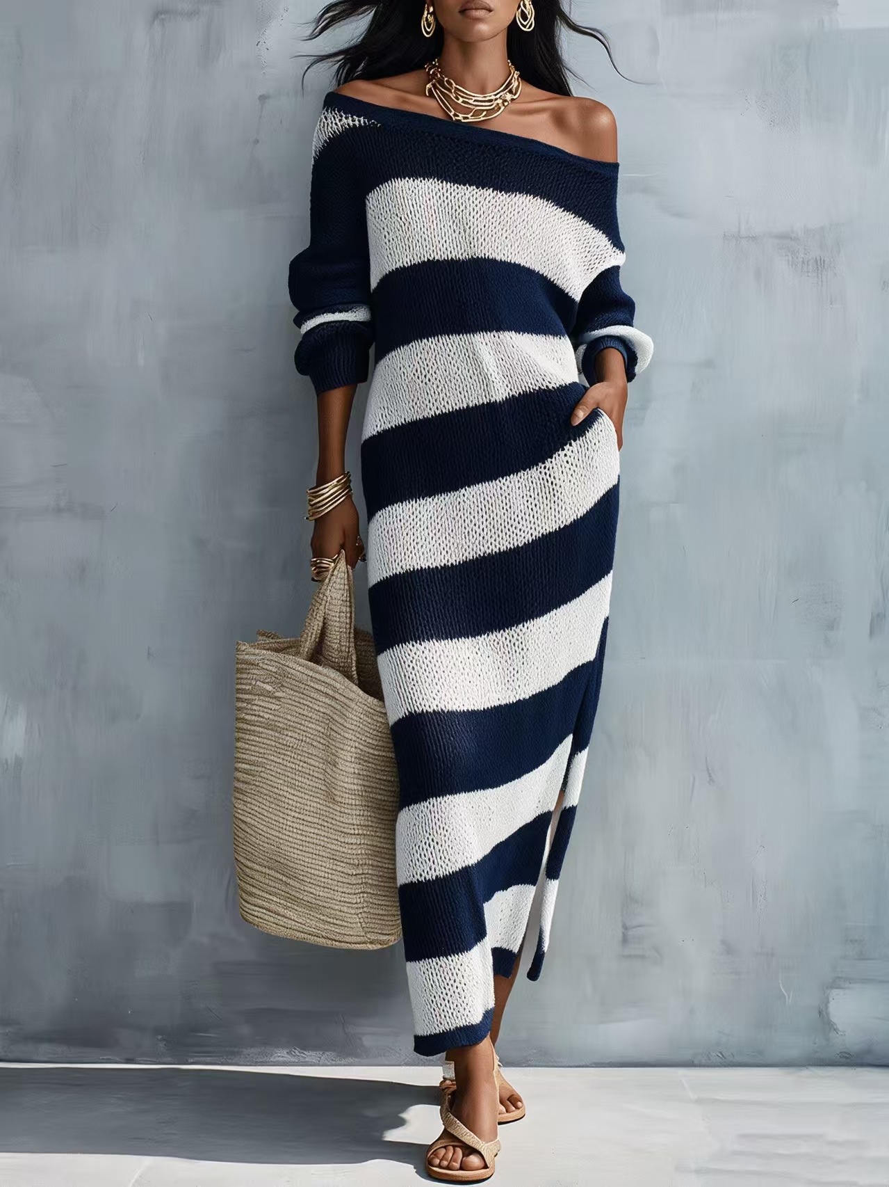 One-Shoulder Striped Knit Long Dress with Cutout and Slit