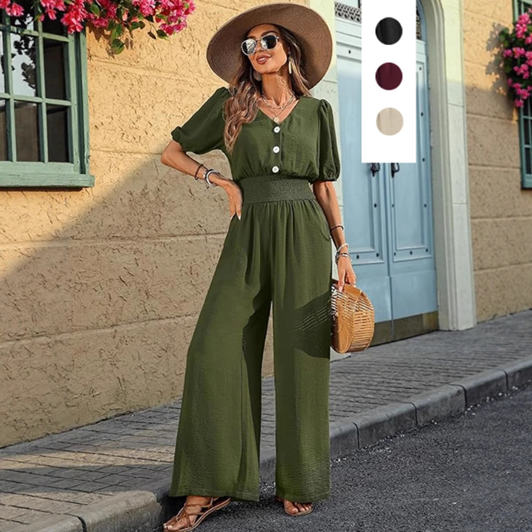 Elegant Short Sleeve Collared Waist-Defined Wide-Leg Jumpsuit