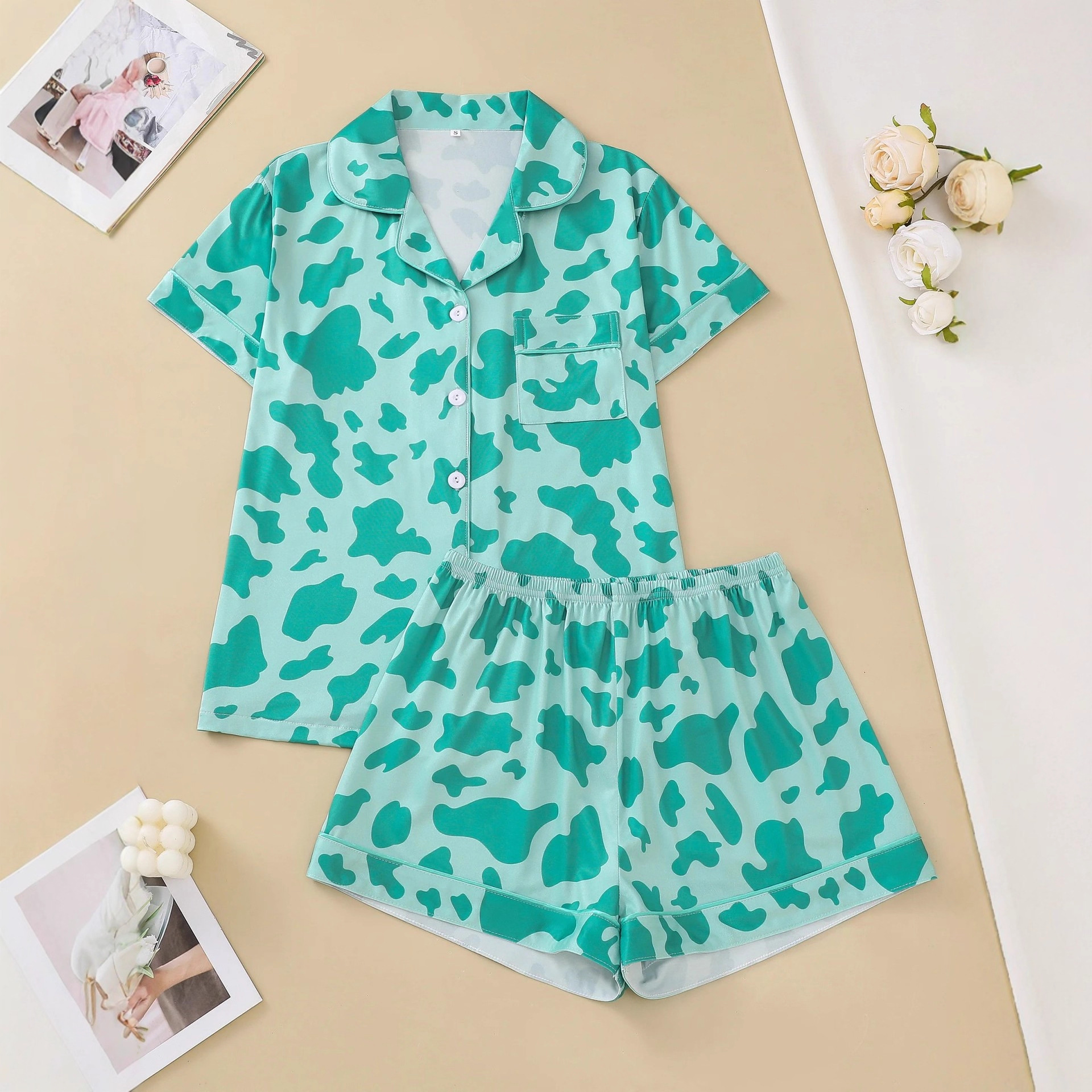 Women's Cuban Collar Polka Dot Short Sleeve Shirt Set Casual Loungewear