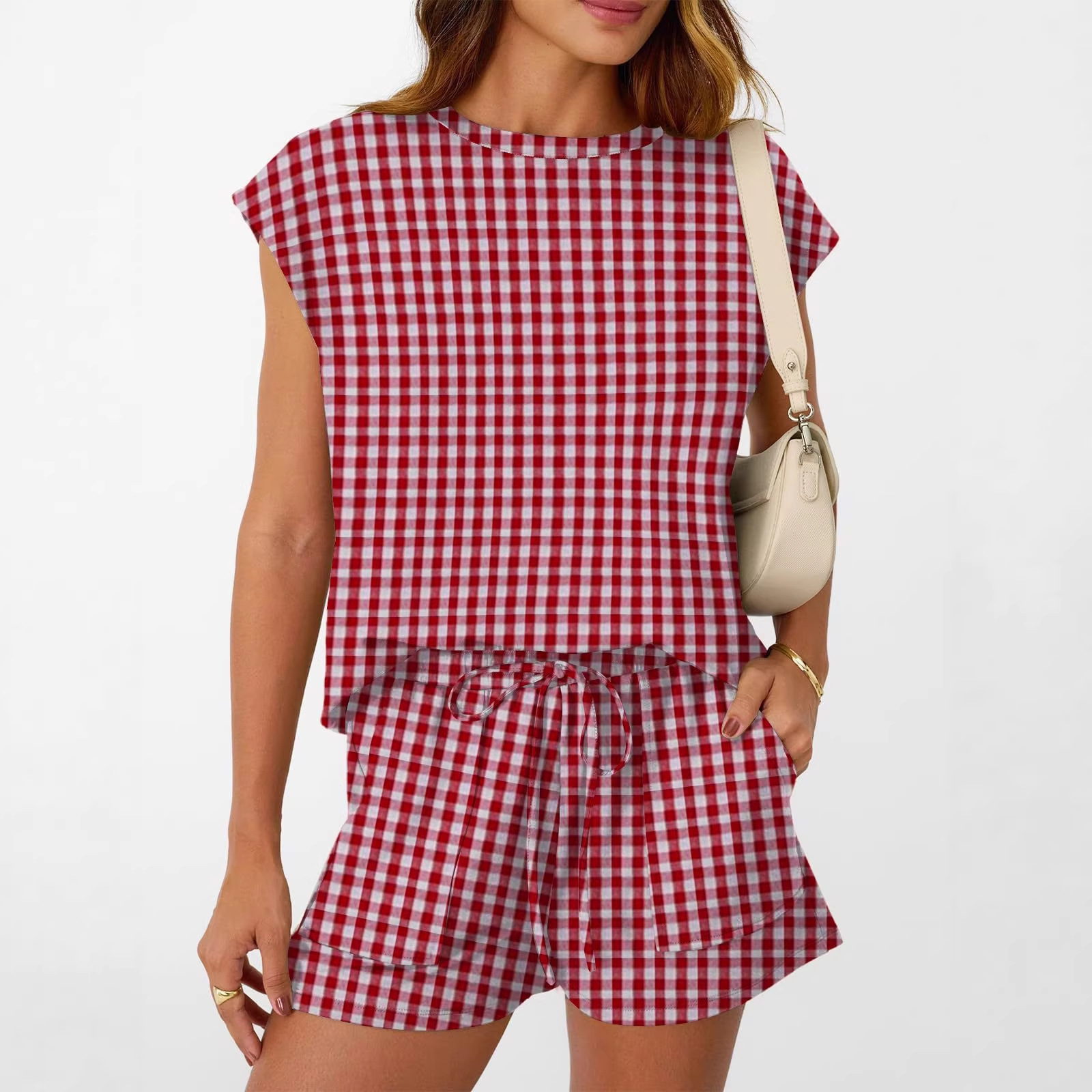 Plaid Sleeveless T-Shirt & Drawstring Shorts Set