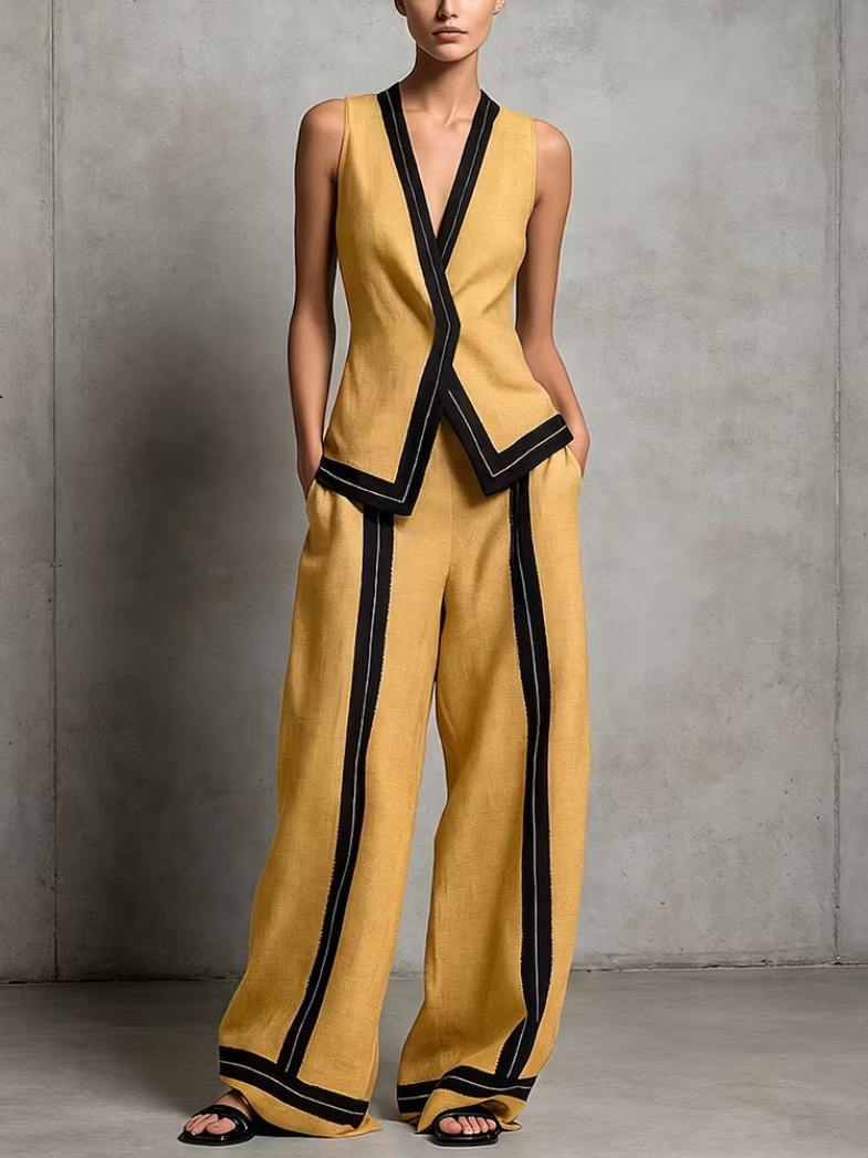 Women's V-Neck Sleeveless Top and High-Waist Wide-Leg Pants Set