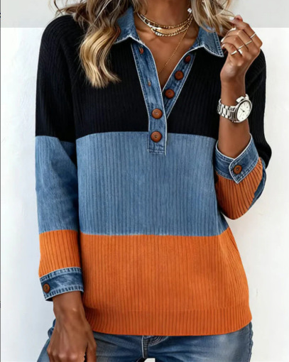 Color-Block Denim Knit Top with Button Shirt Collar