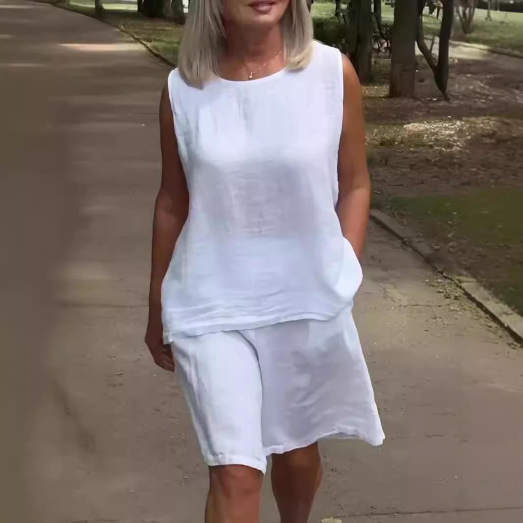 Women's Cotton-Linen Sleeveless Round-Neck Casual Two-Piece Set
