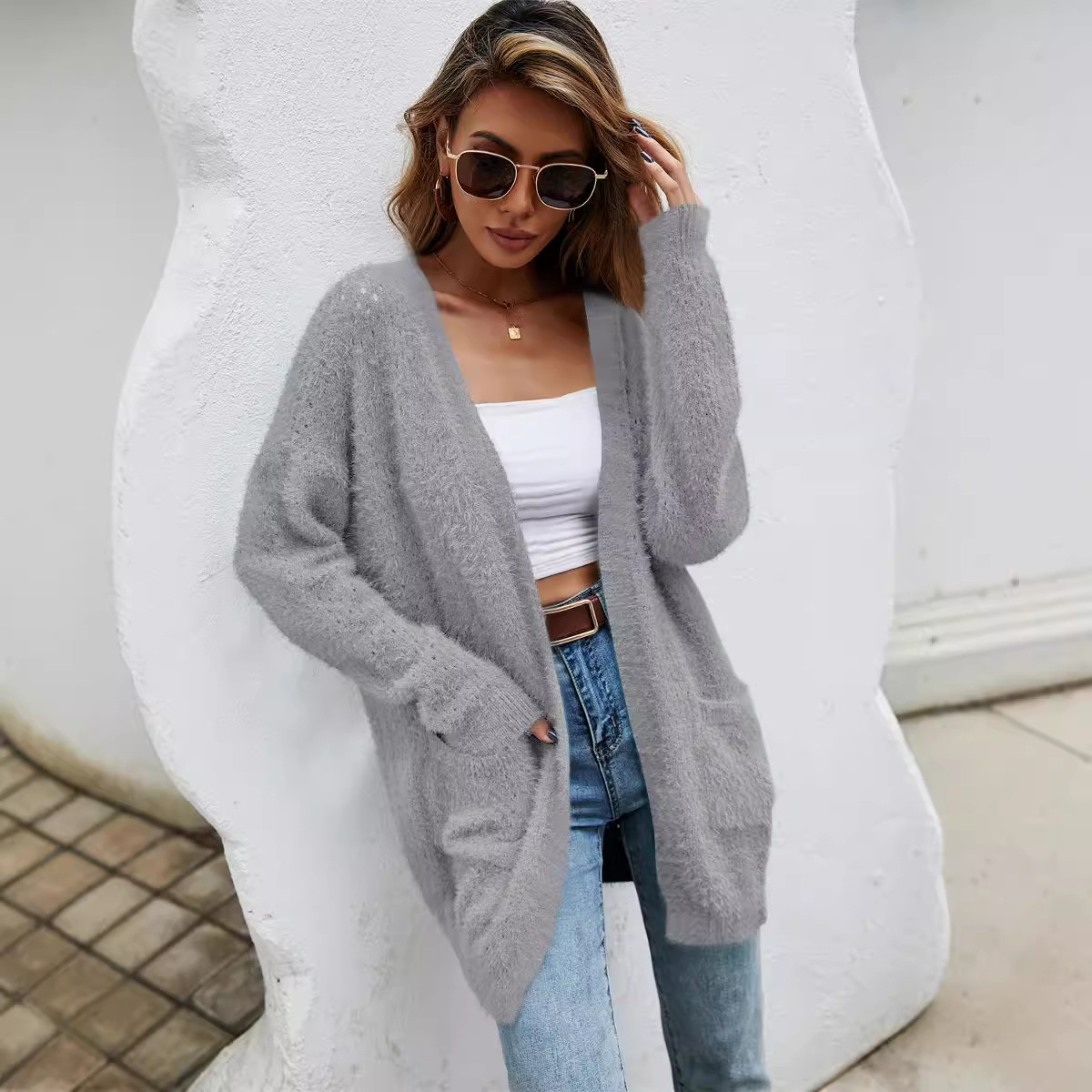 Women's Plus Size Mid-Length Knit Cardigan Open Front Long Sleeve