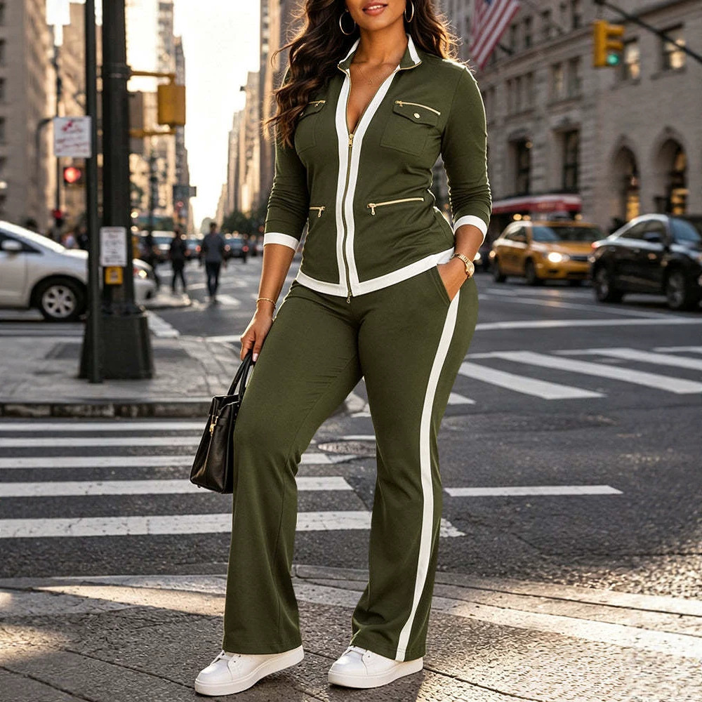 Women's Two-Piece Set Zip-Up Stand Collar Top and High-Waist Straight-Leg Pants