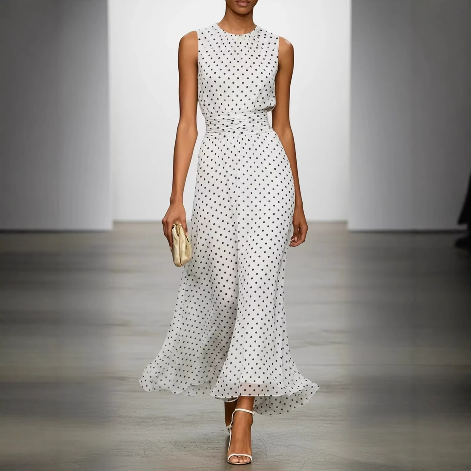 Women's Polka Dot Sleeveless A-Line Midi Dress with Cinched Waist