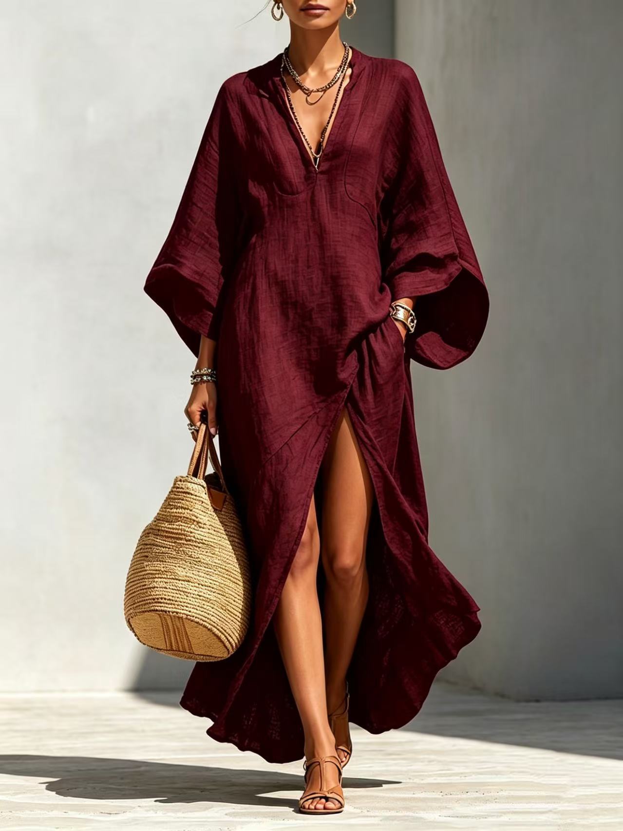 V-Neck Batwing Sleeve Loose Long Vacation Dress