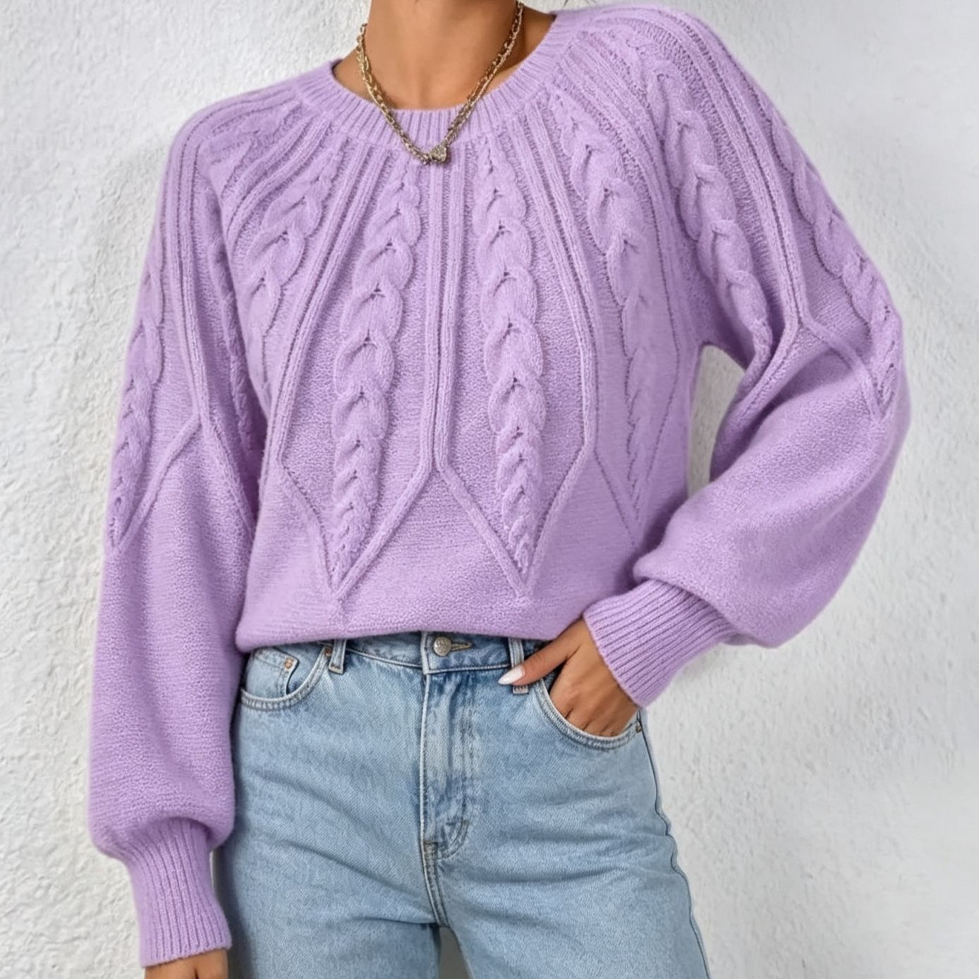 Women's Cable-Knit Crewneck Pullover Sweater Long-Sleeve Solid Color