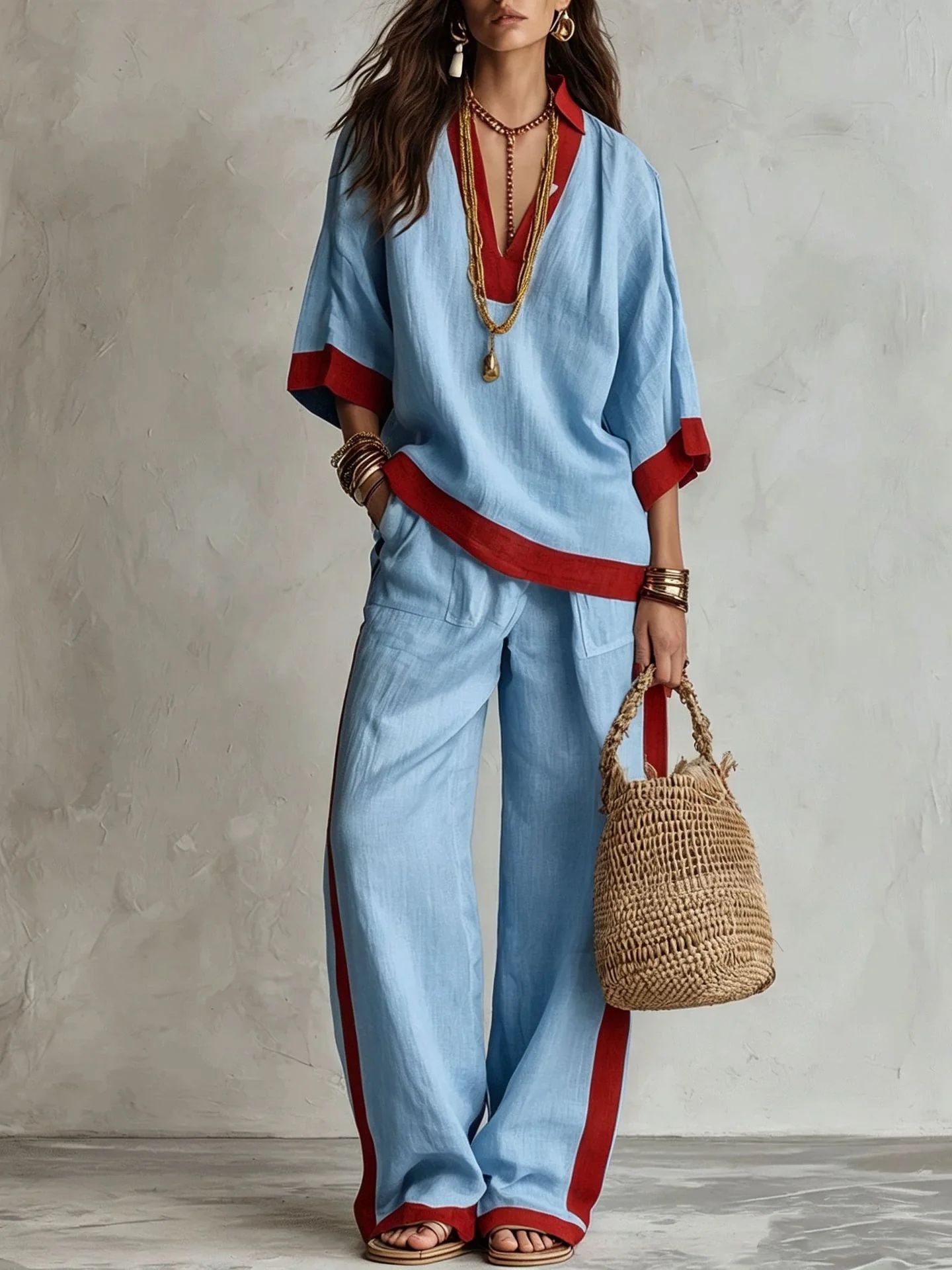 Color-Block Linen-Look V-Neck Top & Wide-Leg Pants Set
