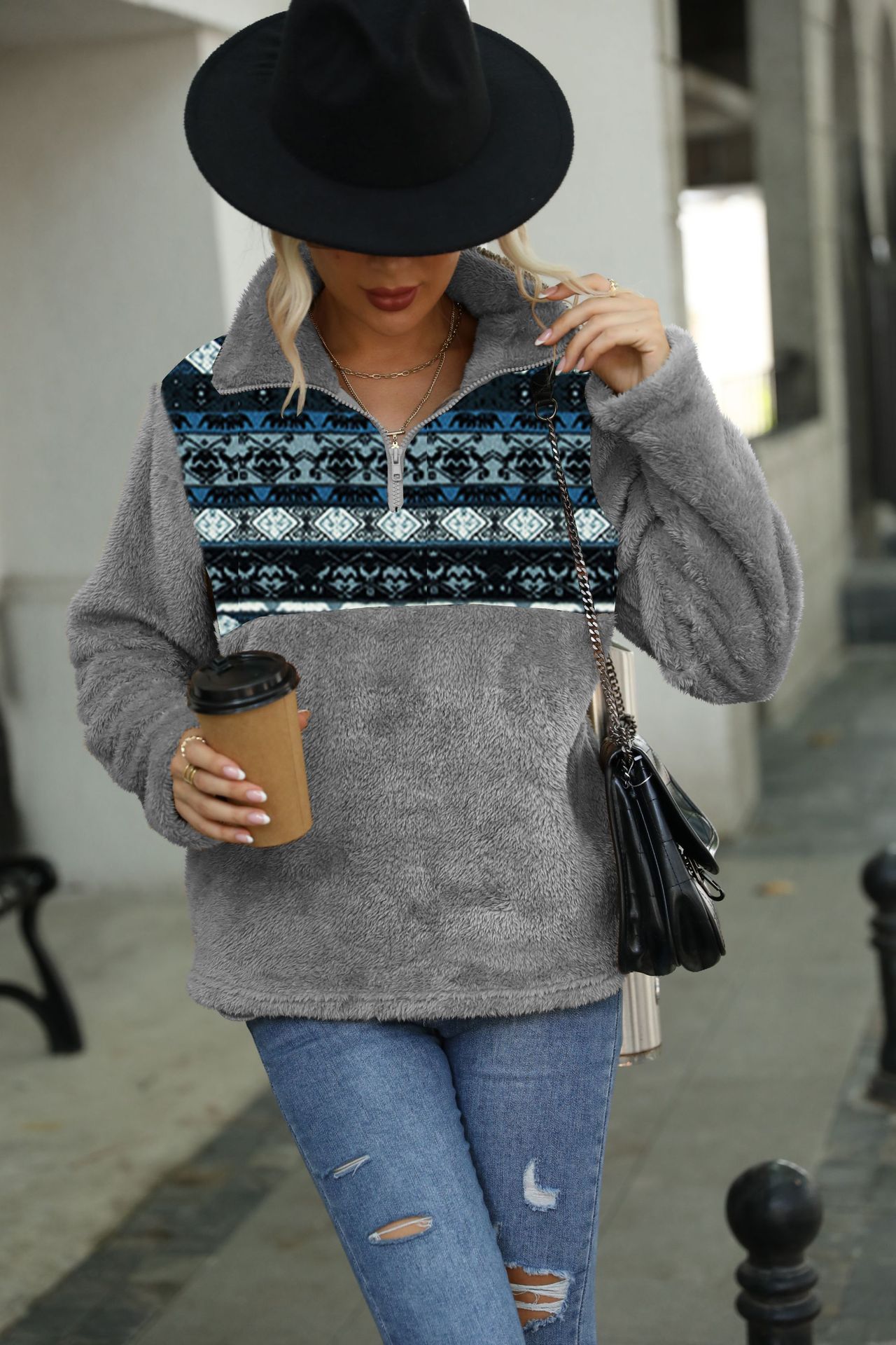 Women's Faux Fur Half-Zip Stand Collar Pullover Sweatshirt