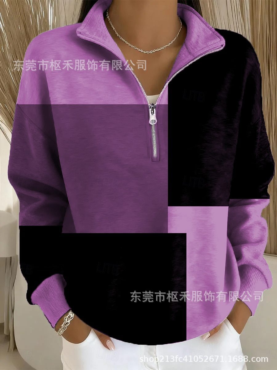 Plaid Color-Block Print Half-Zip Hoodie for Women