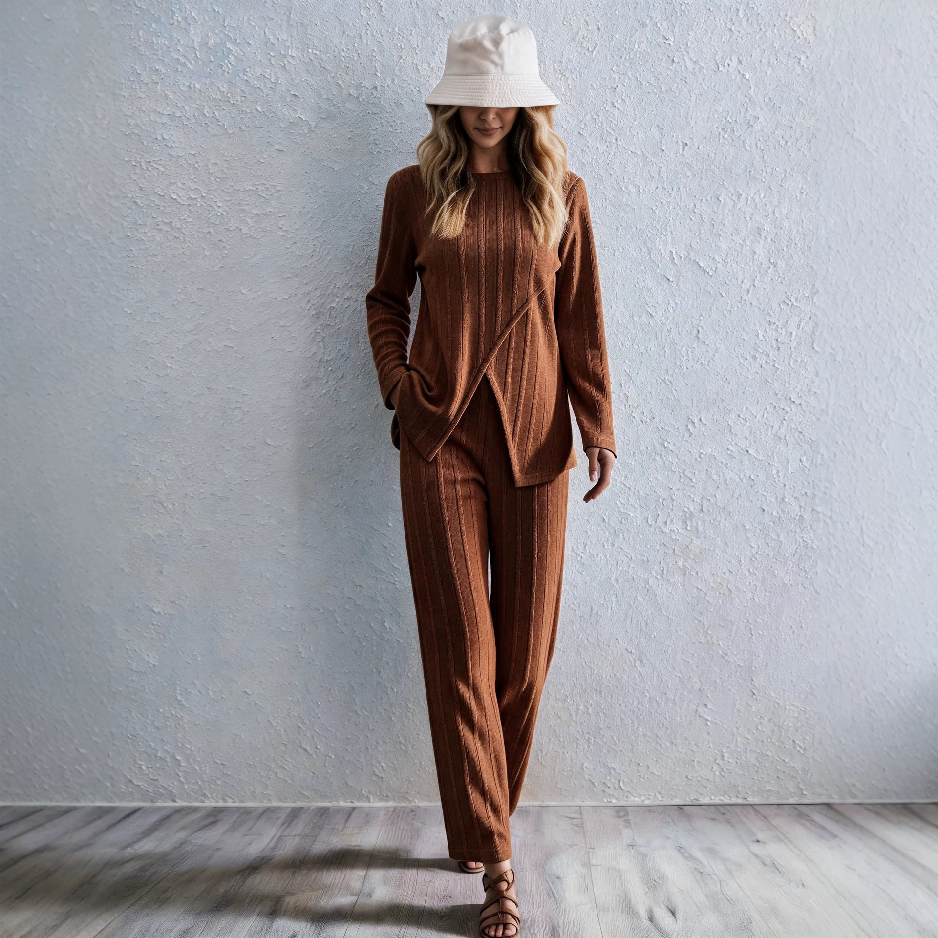 Women's Ribbed Cross-Front Long Sleeve Top & Wide-Leg Pants Set