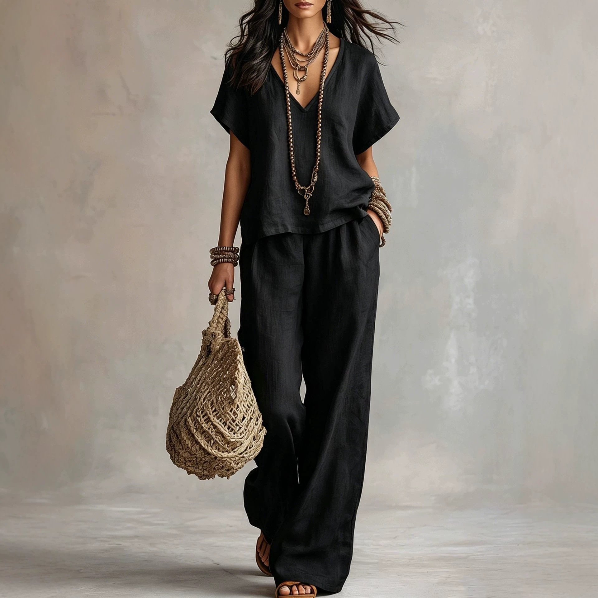Women's Casual Solid V-Neck Short Sleeve Top & Pants Two-Piece Set