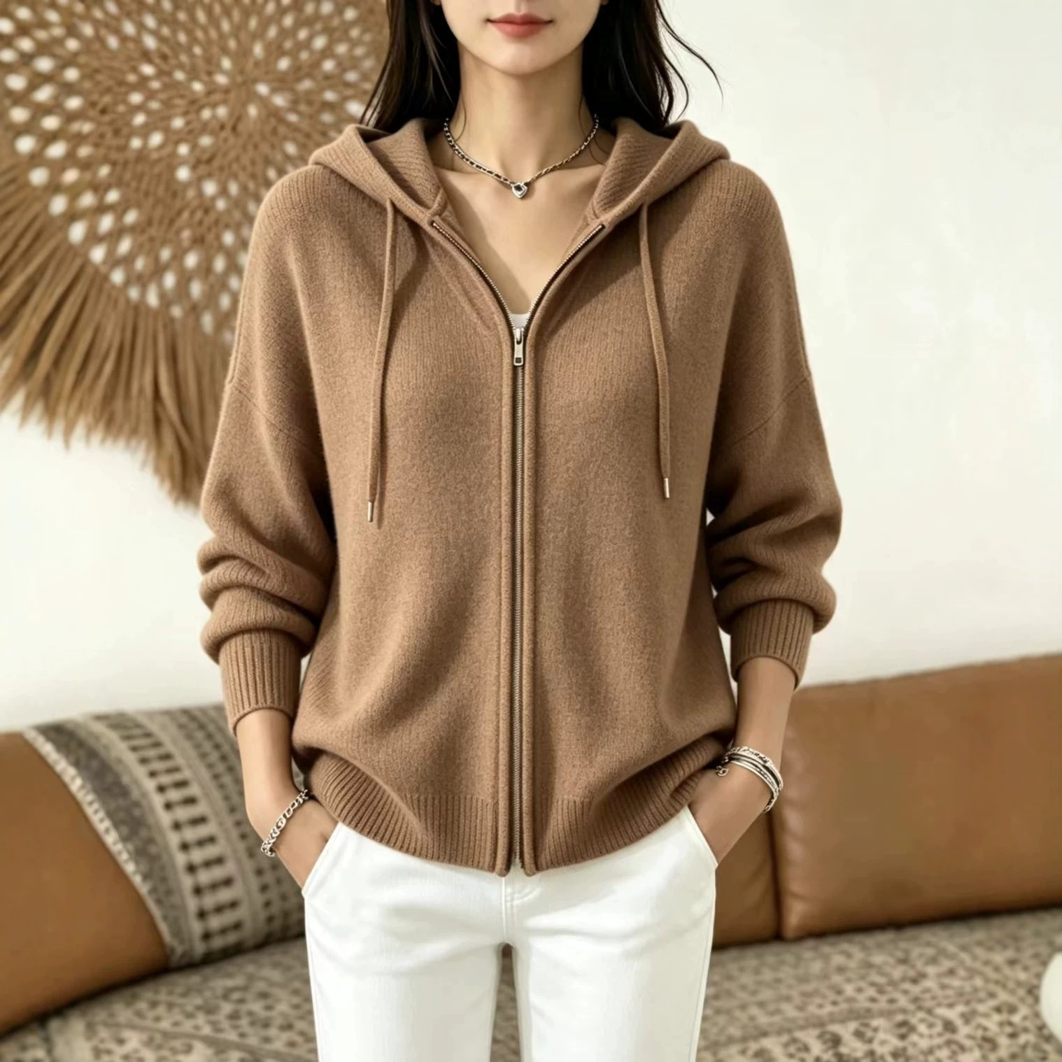 Women's Zip-Up Hooded Knit Cardigan Sweater