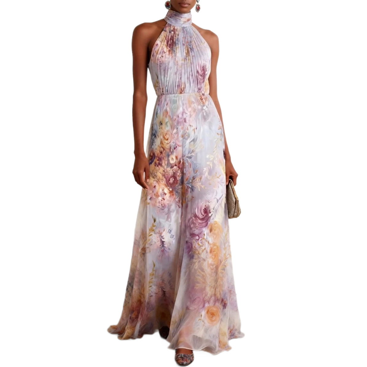 Printed Pleated High Neck Sleeveless Long Dress