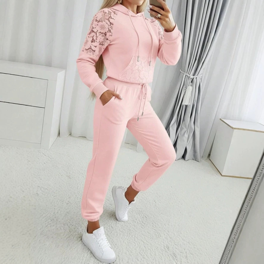 Women's Lace Hollow-Out Hooded Sweatshirt Set