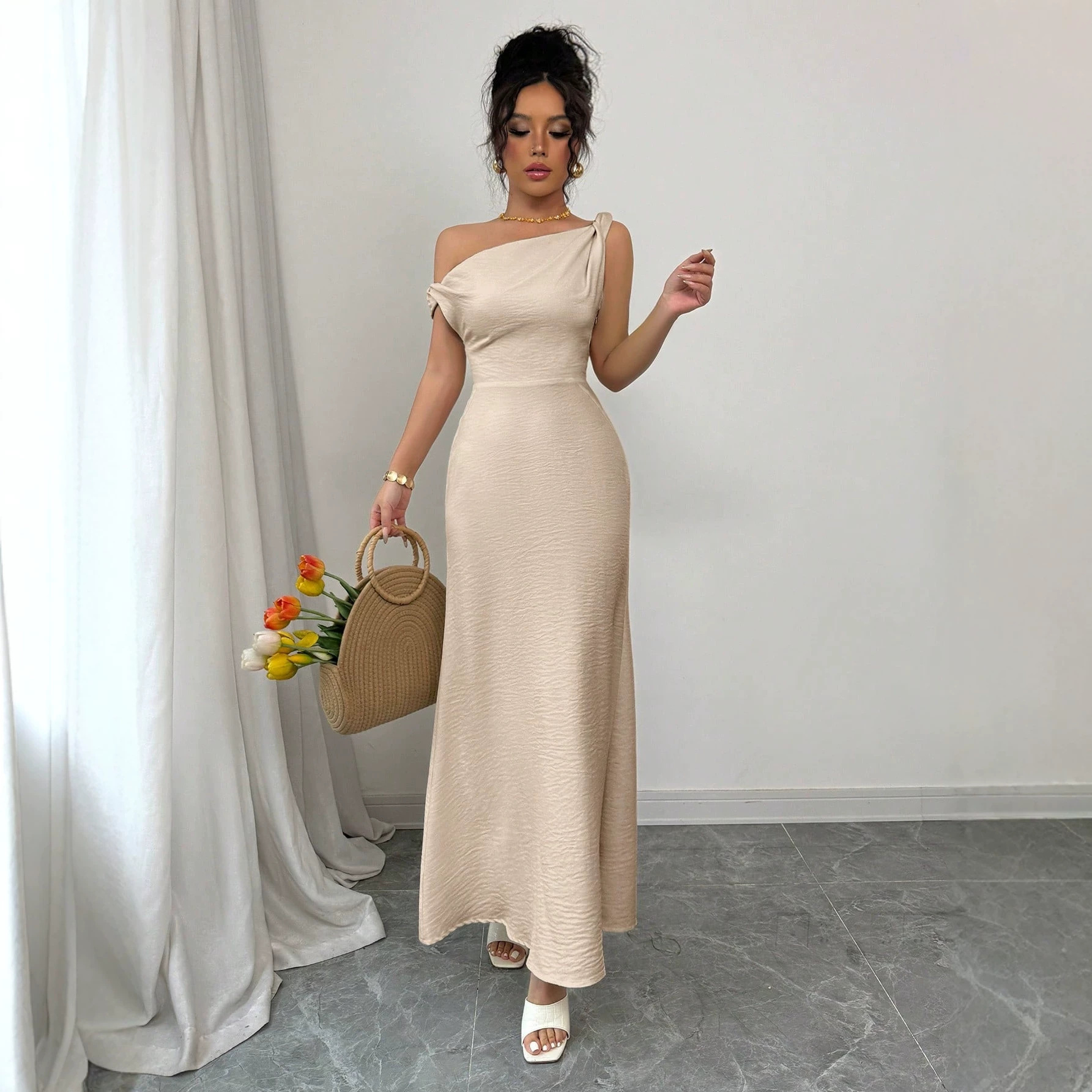 One-Shoulder Cutout Twist Mermaid Dress High Waist Champagne