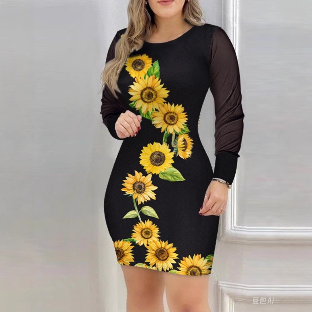 Women's Mesh Long Sleeve V-Neck Slim Fit Floral Print Dress