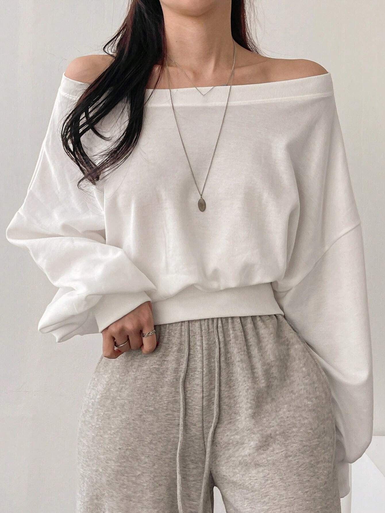 One-Shoulder Long-Sleeve Sweatshirt Loose Solid Color