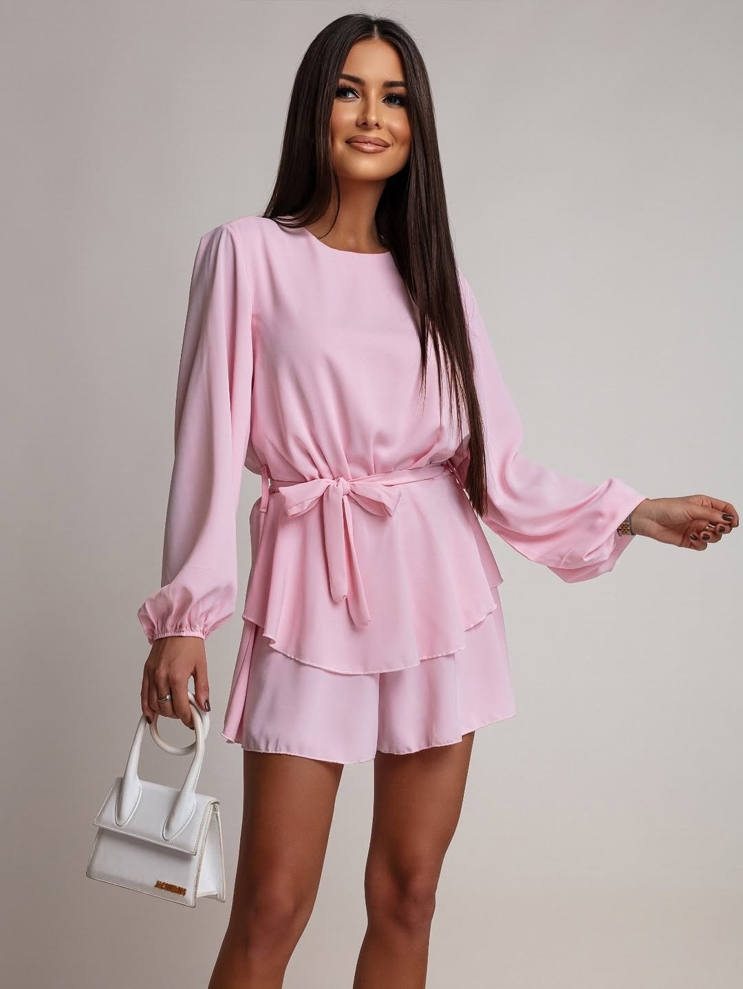 Chiffon Solid Color Long Sleeve Lantern Sleeve Open Back Jumpsuit
