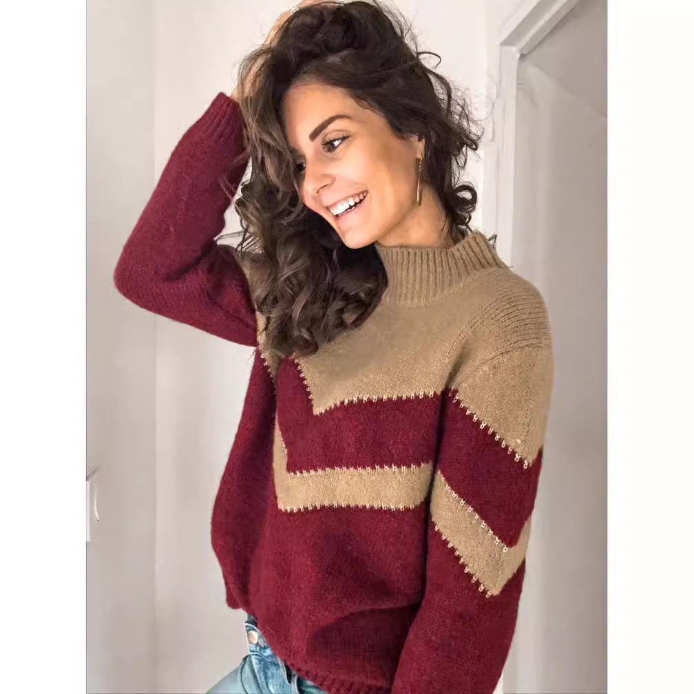 Women's Color-Block Knit Pullover Sweater with Half Turtleneck