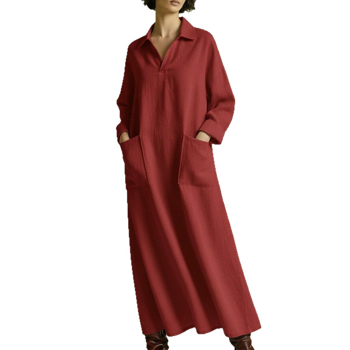 Solid Color Polo Collar Double Pocket Long Sleeve A-Line Maxi Dress