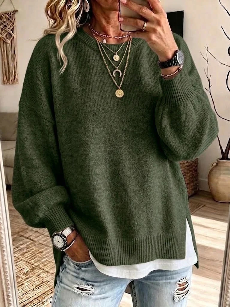Women's Crewneck Sweater with Split Hem Loose Knit Pullover