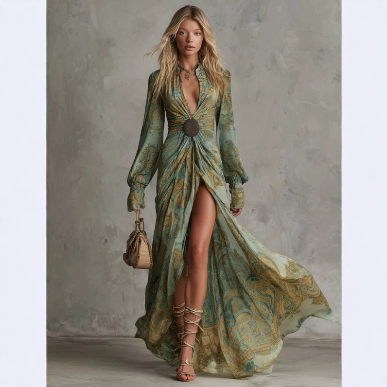Charming Vintage V-Neck Green Print Long Dress