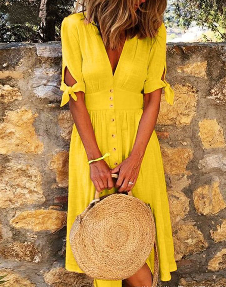 Short Sleeve V-Neck Tie-Waist A-Line Maxi Dress with Button Detail
