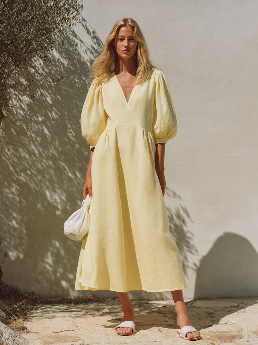 Linen V-Neck Bubble Sleeve A-Line Midi Dress