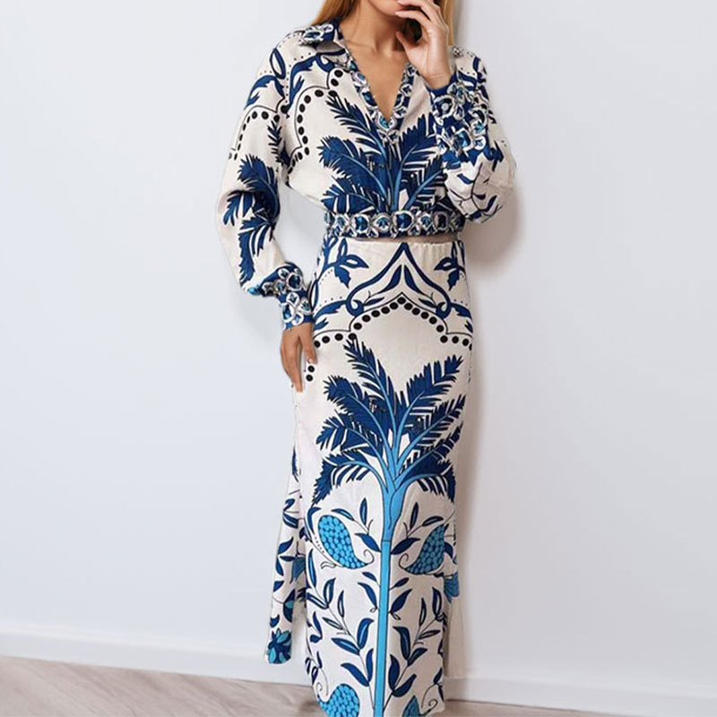 Women's Casual V-Neck Printed Long Dress Two-Piece Set