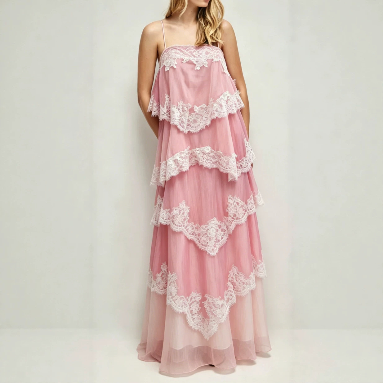 Pink Lace Open-Back Cami Dress Tiered Ruffle Long Vacation Dress