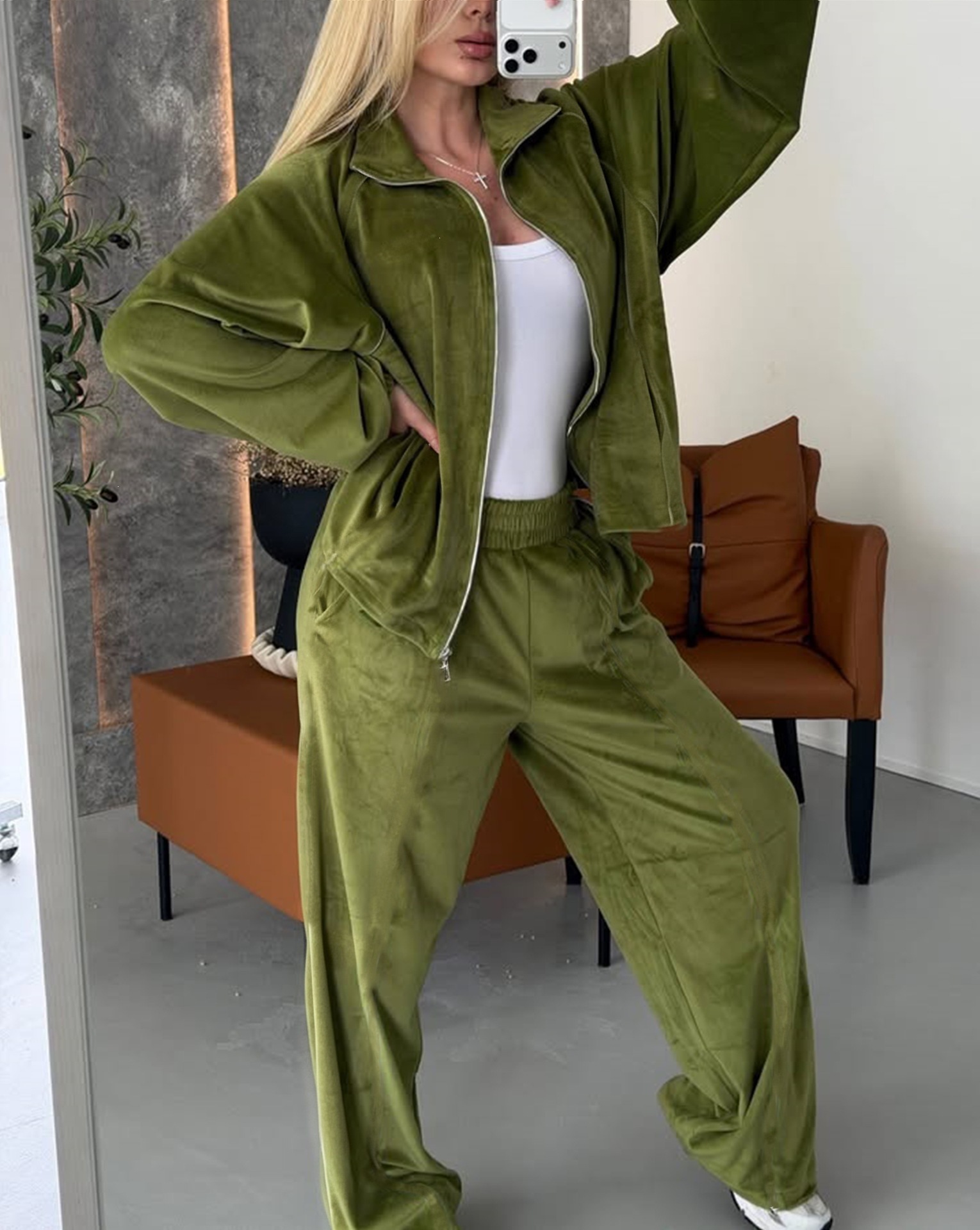 Velvet Two-Piece Set: Zip Cardigan & Wide-Leg Pants