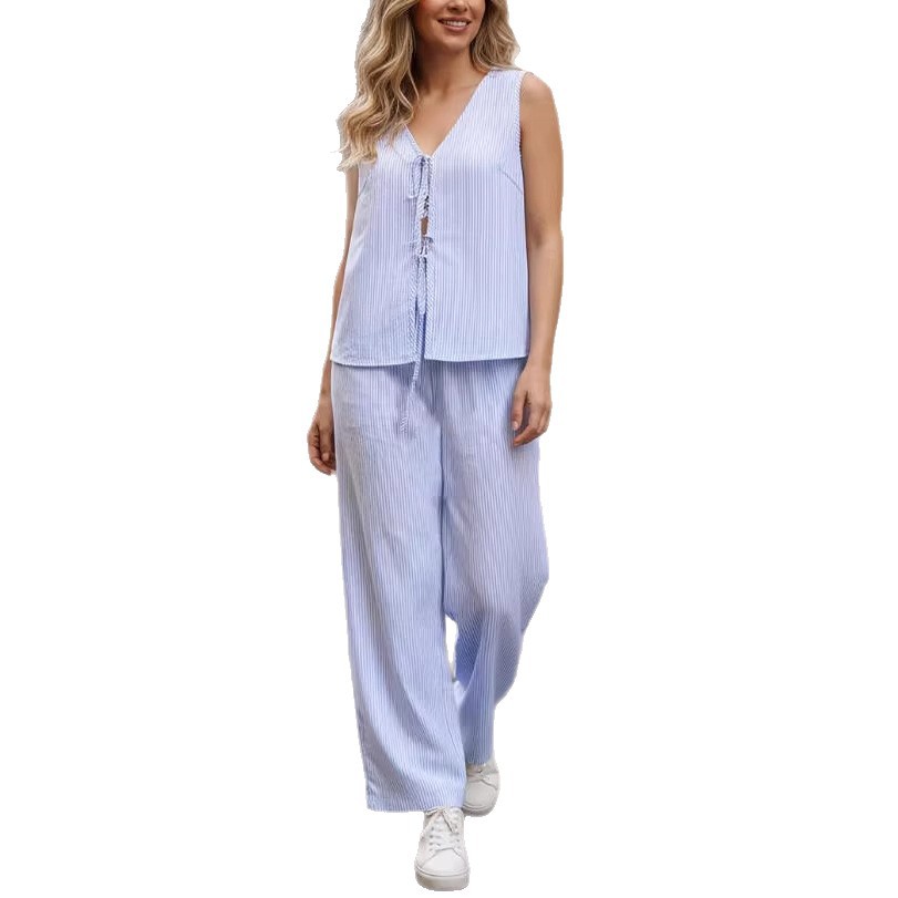 Striped Tie-Front Top & Wide-Leg Pants Two-Piece Set