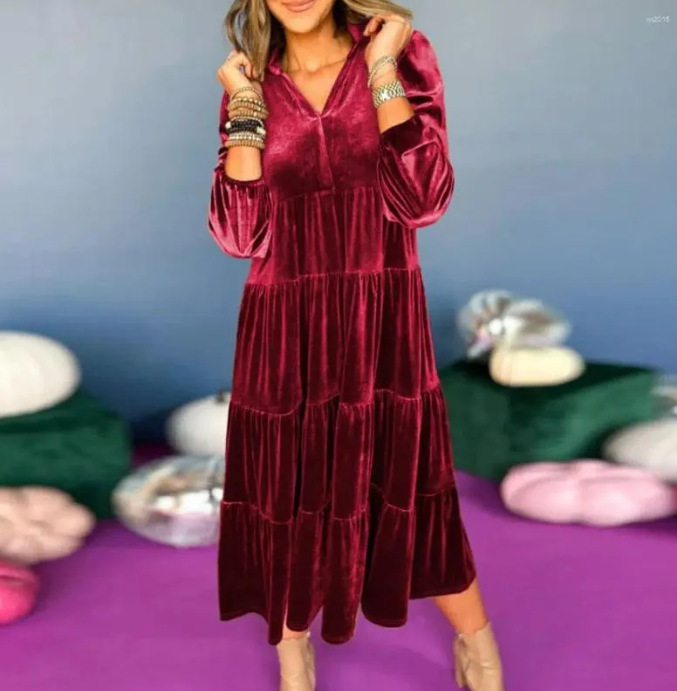 V-Neck Velvet Tiered Ruffle Maxi Dress