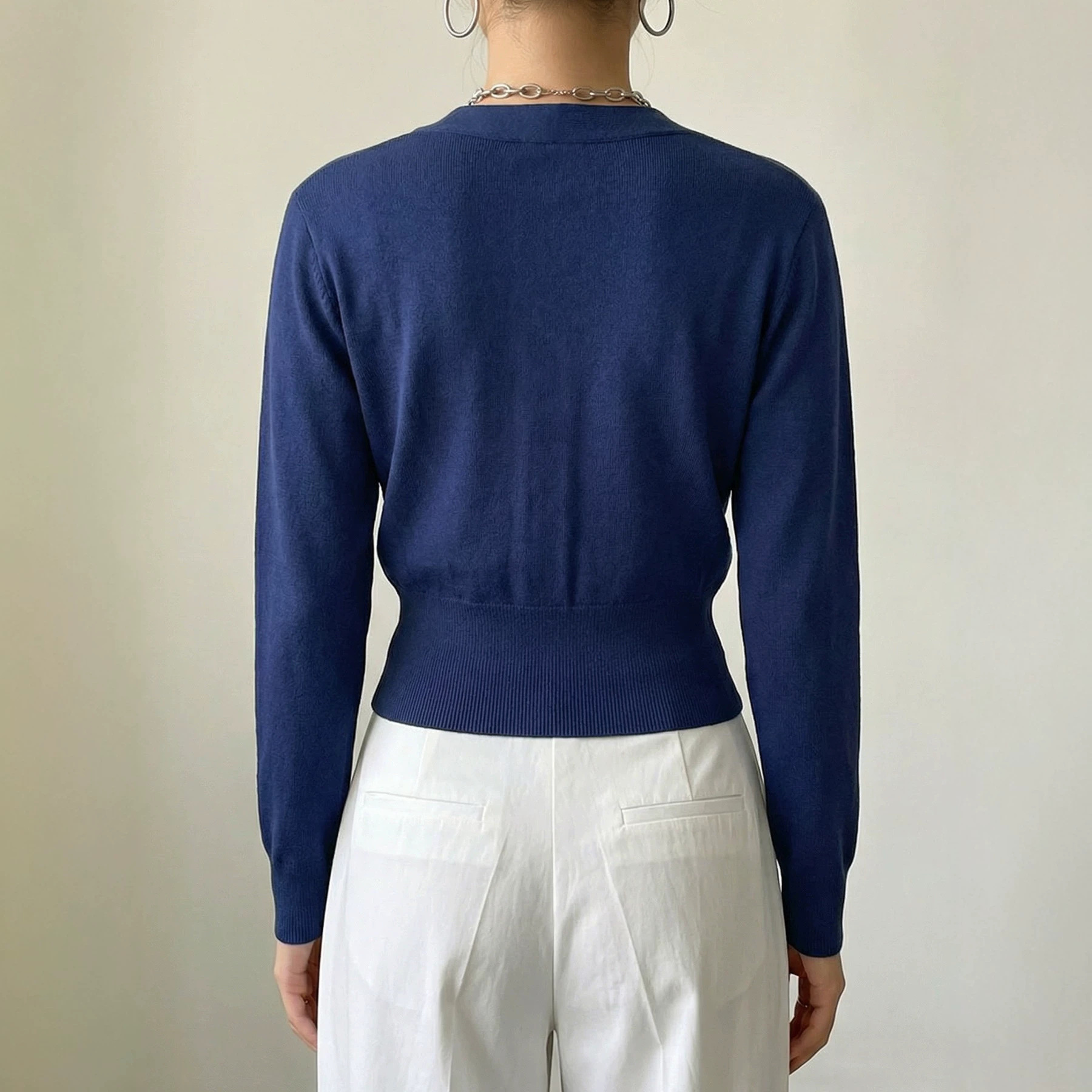 Women's Long Sleeve Knit Top with Metal Button Cross V-Neck Slim Fit