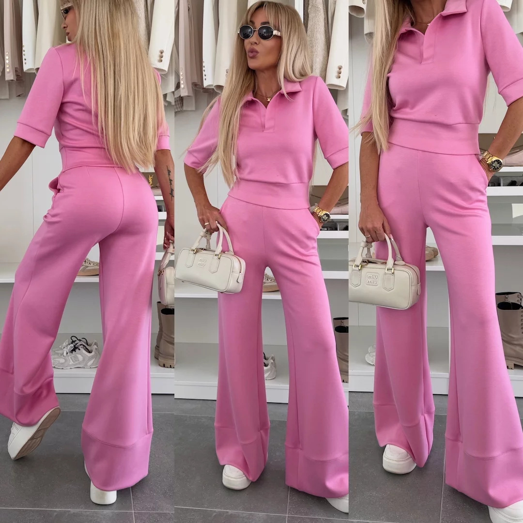 Women's Solid Color Collared Short Sleeve Top and Wide-Leg Pants Lounge Set